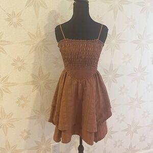 Wild Fable Smocked Tiered Ruffle Dress Brown Women's Size S Boho Coastal Cowgirl